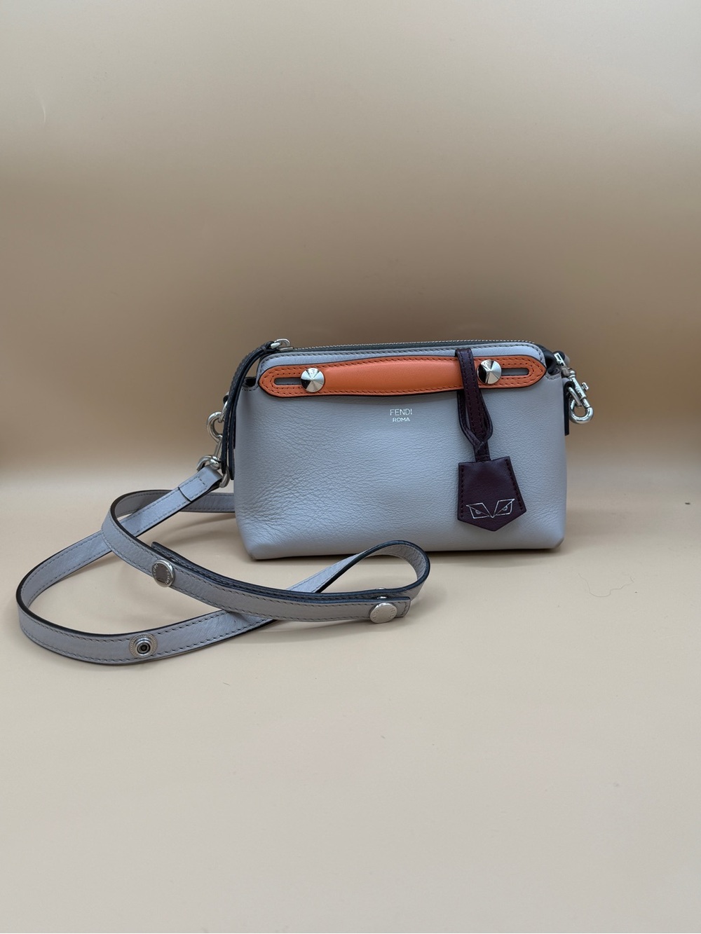Fendi Mini By The Way Gray Calfskin Leather Satchel 3 Way Bag w/Monster Detail